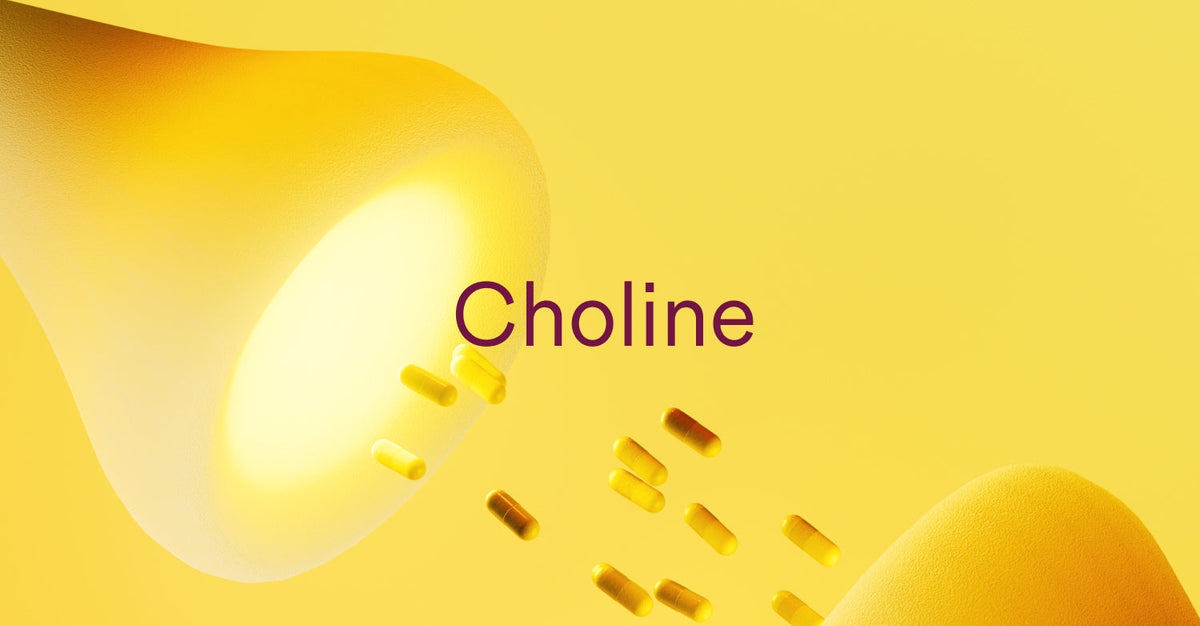 Choline capsules entering a glowing, abstract brain-like structure.
