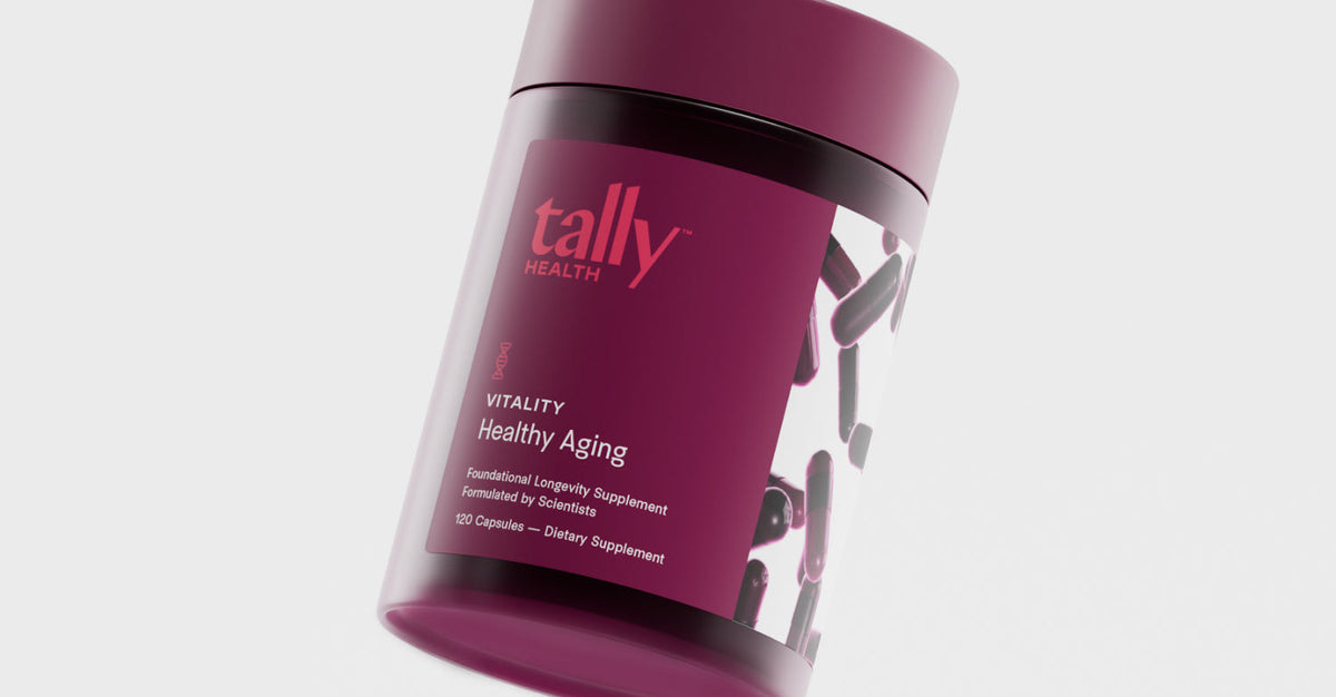 A slightly tilted product shot of a dark burgundy supplement bottle from Tally Health. The label reads