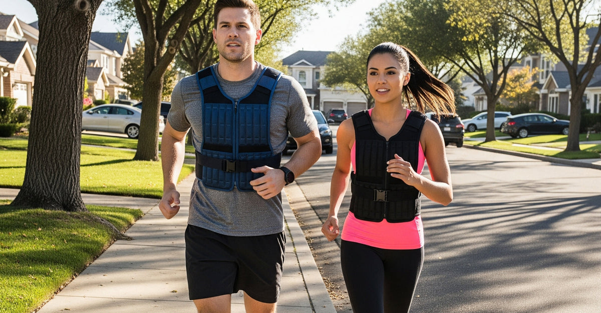 A man and woman are jogging or rucking on a sunny suburban street, both wearing black and blue weighted vests. This image visually represents rucking and weighted vest workouts.