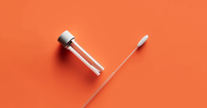 A buccal swab and collection tube on an orange background, representing an easy and non-invasive DNA collection method for Tally Health's epigenetic age test.