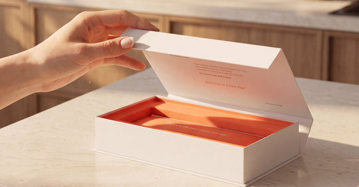 A hand opening a white Tally Health test kit box with an orange interior on a kitchen counter.