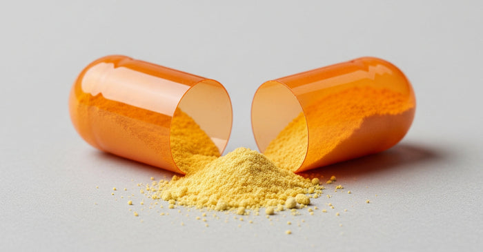 Close-up of an opened orange supplement capsule spilling yellow powder onto a white surface, representing glycine or longevity-focused nutritional supplements.