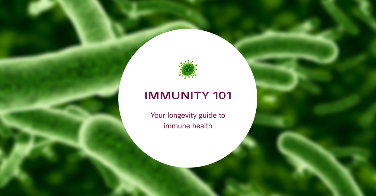 Immunity 101 graphic introducing a longevity-focused guide to immune health, with abstract microscopic imagery representing bacteria and immune activity.