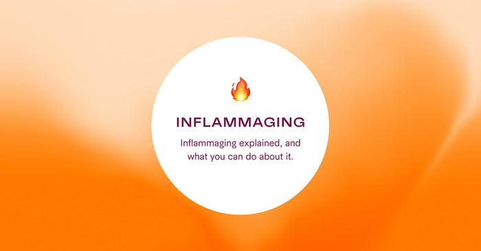 Graphic with flame icon and text reading ‘Inflammaging: Inflammaging explained, and what you can do about it’ on an orange gradient background.