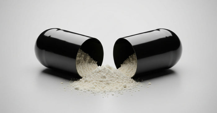 A black supplement capsule broken open, spilling white powdered NAD+ precursor onto a white surface.