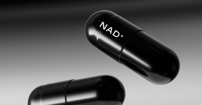 Black NAD+ supplement capsules.