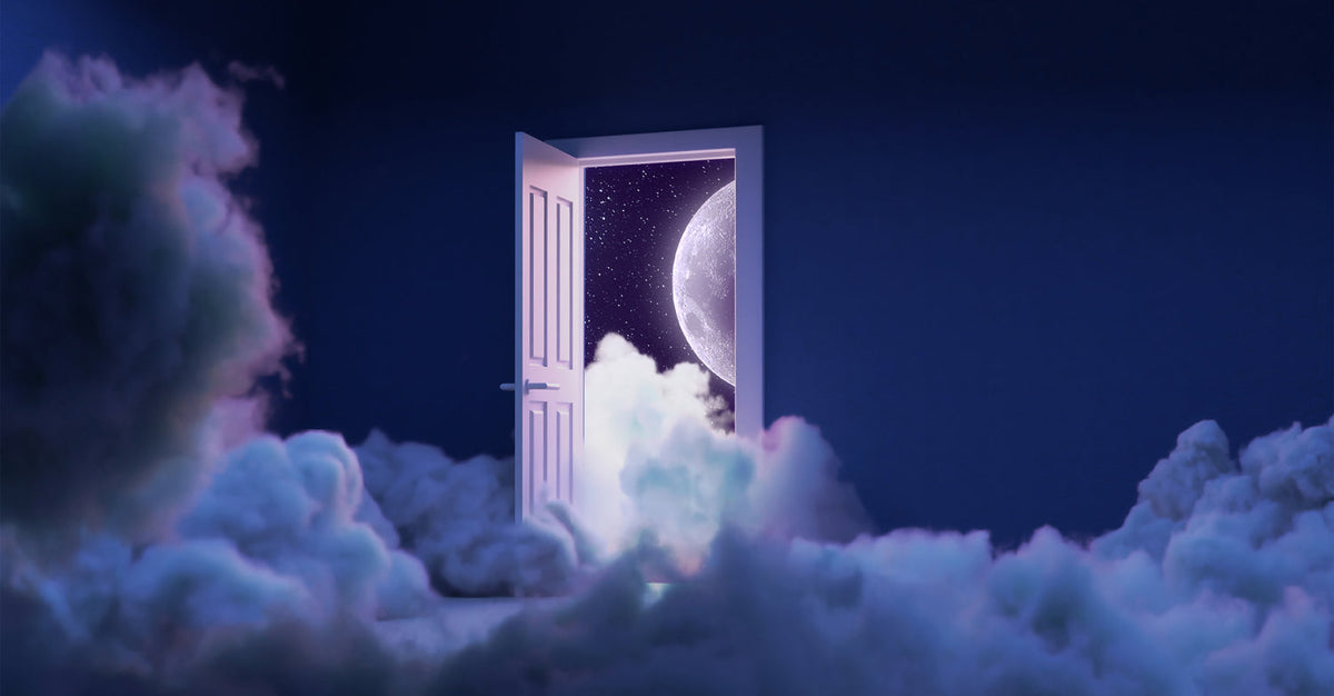 Open door surrounded by clouds revealing a moonlit night sky, symbolizing sleep and dreaming.