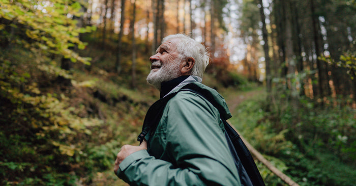 A smiling, gray-bearded older man wearing a green jacket and a backpack is hiking in a sun-dappled forest, looking up and to the side.