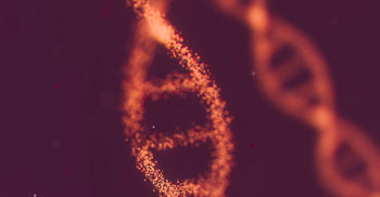 Close-up visualization of a DNA double helix made of glowing orange particles, representing genetic material and methylation processes.